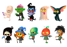 Set Of Halloween Characters. Vector Mummy, Zombie, Vampire, Ghost, Bat, Death, Witch, Pumpkin Head. Great For Party Decoration