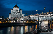 Panorama Of Cathedral Of Christ The Saviour At Night, Moscow, Russia