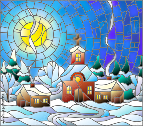 Naklejka na kafelki Winter landscape in stained-glass style Church and village houses on the background of snow, sky and sun