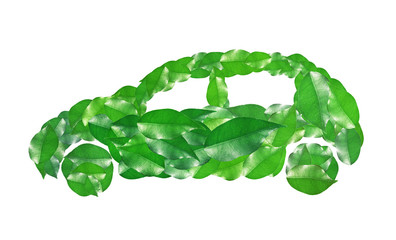 Car silhouette made of green leaves on white background. Eco vehicle concept.