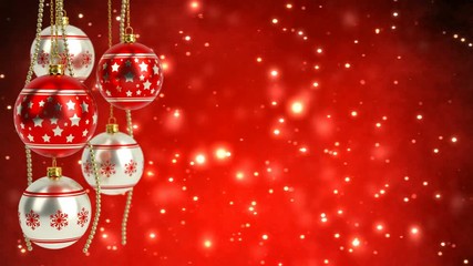 Wall Mural - red and silver christmas balls with glitter bokeh background. Seamless loop. 3D render