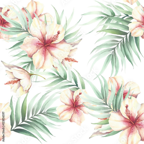 Naklejka - mata magnetyczna na lodówkę Seamless pattern with tropical flowers and leaves. Watercolor illustration.