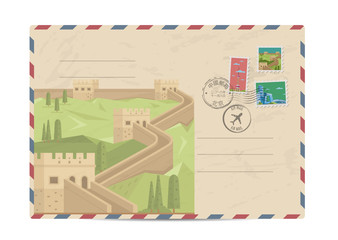 Wall Mural - China vintage postal envelope with postage stamps and postmarks on white background, isolated vector illustration. Air mail stamp. Great wall of China. Postal services. Envelope delivery.