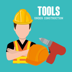 avatar construction worker with yellow helmet safety equipment and drill tool. vector illustration