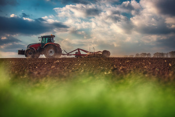 Farmer in tractor preparing land with seedbed cultivator