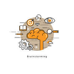 Wall Mural - Brainstorming and analysis flat line business vector illustration design banner. Creative thinking process, education and research background. Design for learning, problem solving, trainings, courses