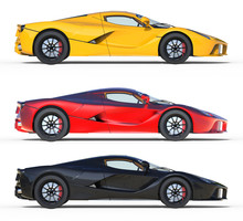 The Set Of Three Fast Sports Cars Yellow, Red And Black. 3d Illustration.