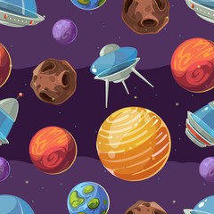 Sticker - seamless space vector kids pattern with planets and spaceships
