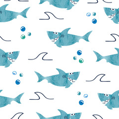 Wall Mural - Seamless pattern with cute cartoon watercolor sharks. Vector background. 