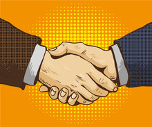 Businessmen Shake Hands Vector Illustration In Retro Pop Art Style. Partnership Handshake Concept Poster In Comic Design