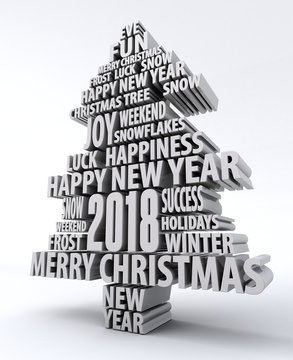 3D illustration of Christmas concept words in pine tree shape with 2018 number in the middle