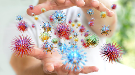 Wall Mural - Close up on a sick man hand transmitting virus 3D rendering