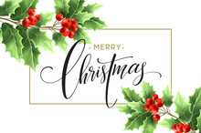 Merry Christmas Lettering Card With Holly. Vector Illustration