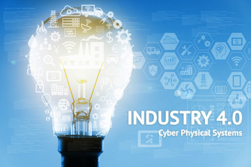 Industrial 4.0 Cyber Physical Systems concept . Light bulb , Gears , Internet of thins network ,smart factory solution, Manufacturing technology, automation robot icon with graphic and blue background