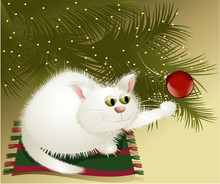 White Christmas Cat Under Christmas Tree
