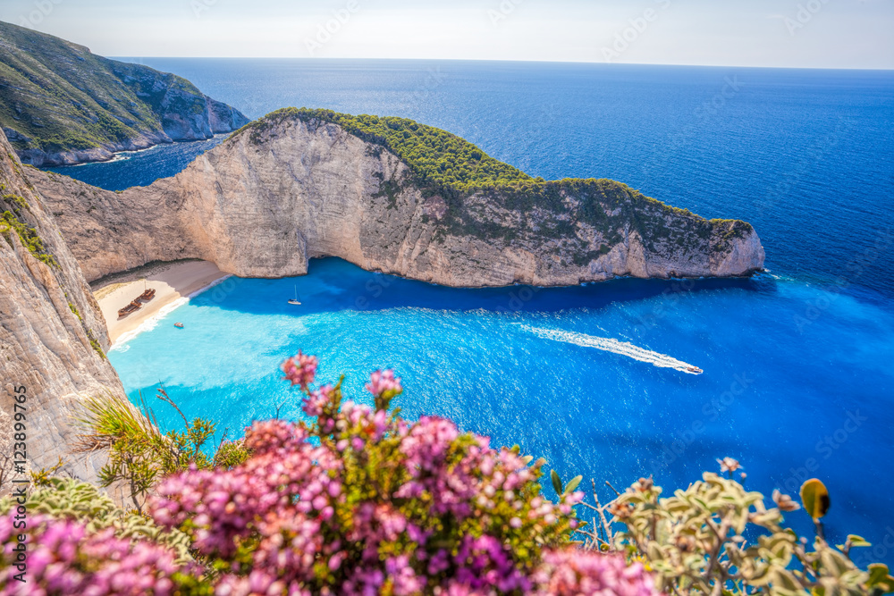 Obraz na płótnie Navagio beach with shipwreck and flowers on Zakynthos island in Greece w salonie