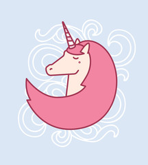 Vector illustration of cute magic unicorn head with horn, pink m