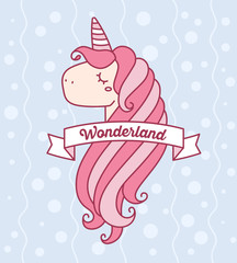 Wall Mural - Vector illustration of cute magic unicorn head with horn, pink m