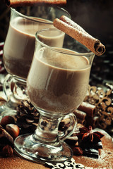 Cocoa in large glasses for hot drinks in Christmas decorations w