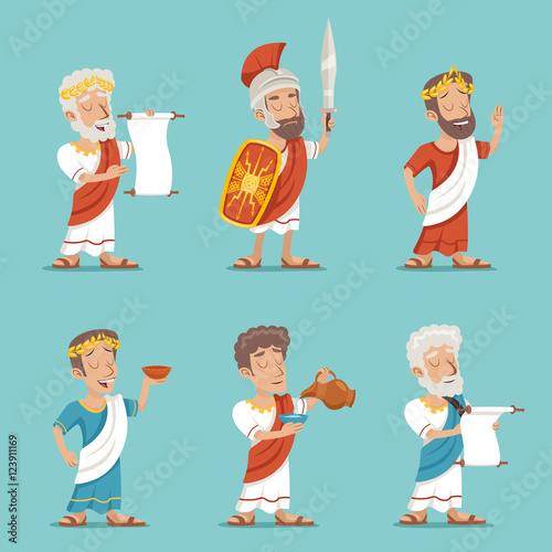 Cuadros en Lienzo Greek Roman Retro Vintage Character Icon Set Cartoon Design Vector Illustration