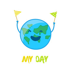 Earth Day Card with fun planet and hands. Vector