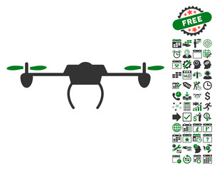 Wall Mural - Drone pictograph with bonus calendar and time service symbols. Vector illustration style is flat iconic symbols, green and gray colors, white background.