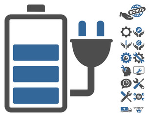 Wall Mural - Charge Battery pictograph with bonus setup tools clip art. Vector illustration style is flat iconic symbols, cobalt and gray colors, white background.