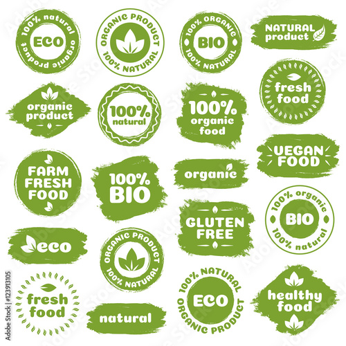 Cuadros en Lienzo Natural product, healthy food, fresh food, organic product, vegan food, farm fresh food, gluten free, bio and eco label template watercolor shapes isolated on white background