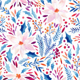 Fototapeta Młodzieżowe - Watercolor ornate flowers, holly, seeds, fur-tree twigs seamless pattern.