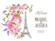Eiffel tower icon with spring blooming flowers isolated over white background with sign The Marriage of Michael and Jessica. Vector illustration.