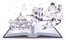 Open Book Story Tale Magic Lamp Aladdin. Arab Tales Alladin, Genie And Princess