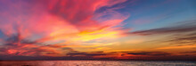 Tropical Colorful Dramatic Sunset With Cloudy Sky . Evening Calm On The Gulf Of Thailand. Bright Afterglow.
