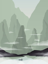 Southeast Asia Landscape Vector Illustration With Rocks, Cliffs And Sea. China Or Vietnam Tourism Promotion.