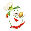 Veggie chef / Creative food concept of a funny cartoon chef face made of vegetables isolated on white.