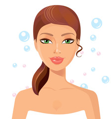 Wall Mural - Beautiful young woman perfect face with bubbles. Skin beauty spa skincare concept.