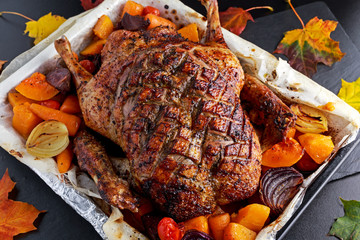 Duck roast with baked vegetables, autumn theme meal