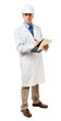 © Eric Hood - Full-length scientist engineer chemical industrial researchers in hard hat and lab coat with clipboard isolated on white background