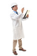 © Eric Hood - Full-length scientist researcher chemical industry engineer in white lab coat and hard hat with clipboard isolated on white background