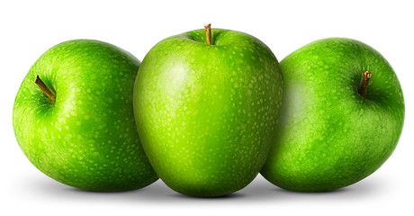 Sticker - Group of green apples on white background.
