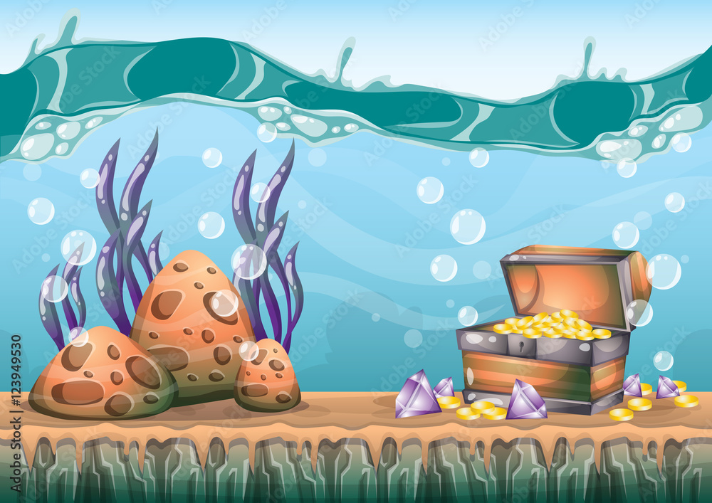 cartoon vector underwater treasure background with separated layers for ...