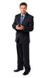 © Eric Hood - Full-length businessman lawyer financial advisor executive texting with mobile phone isolated on white background