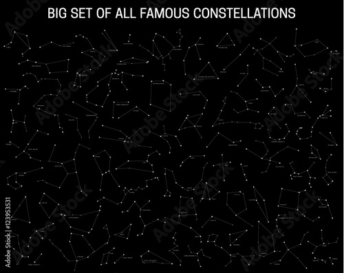 Plakat Duży zestaw wszystkich słynnych konstelacji, nowoczesnych astronomicznych znaków zodiaku. Sky Map z nazwą gwiazd i konstelacji.
