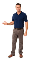 Full-length business causal professor teacher businessman speaker in polo shirt presengting demonstrating explaining gesturing showing isolated on white background