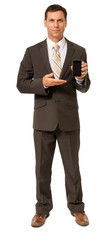 Wall Mural - Full-length male man businessman showing mobile phone isolated on white background