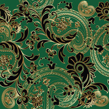 Paisleys Elegant Vector Seamless Pattern Background Wallpaper Illustration With Vintage Stylish Beautiful Modern 3d Line Art Gold And Black Paisley Flowers Leaves  Ornaments On The Green  Background