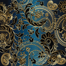 Paisleys Floral  Elegant Vector Seamless Pattern Background Wallpaper Illustration With Vintage Stylish Beautiful Modern 3d Gold And Black Paisley Flowers Leaves And Ornaments On The Blue  Background.