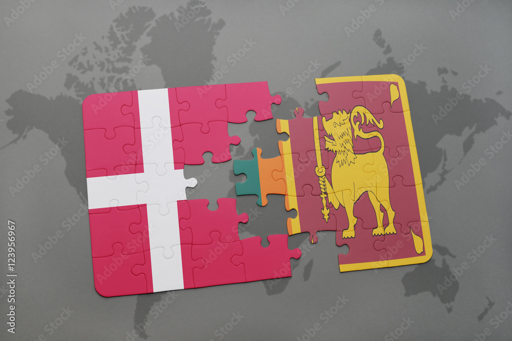 puzzle with the national flag of denmark and sri lanka on a world map ...