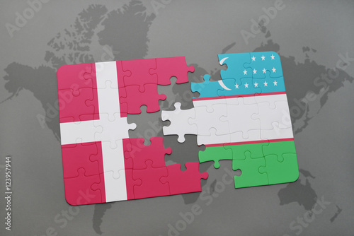 Photo puzzle with the national flag of denmark and uzbekistan on a world map background