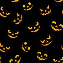 Vector Seamless Pattern With Lit Jack-O-Lantern Faces On A Black Background.