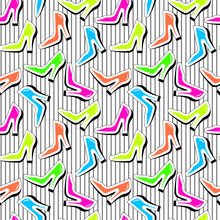 Fashion Shoes Seamless Pattern. Seamless Repeating Texture With Bright Color Heel Shoes On Striped Background. Cartoon Comic Style Vector Pattern.